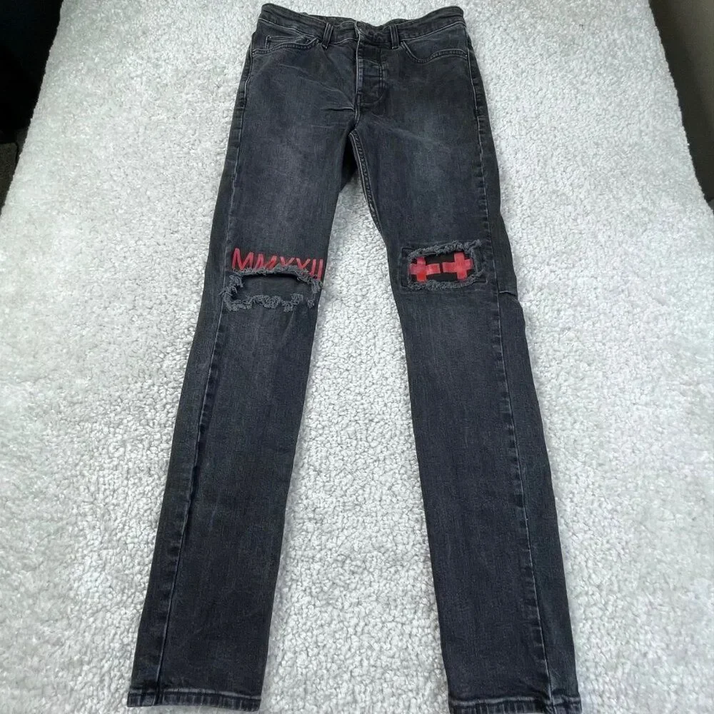 Ksubi Chitch World Tour Black Distressed Jean Red Stitch Mens 31x32